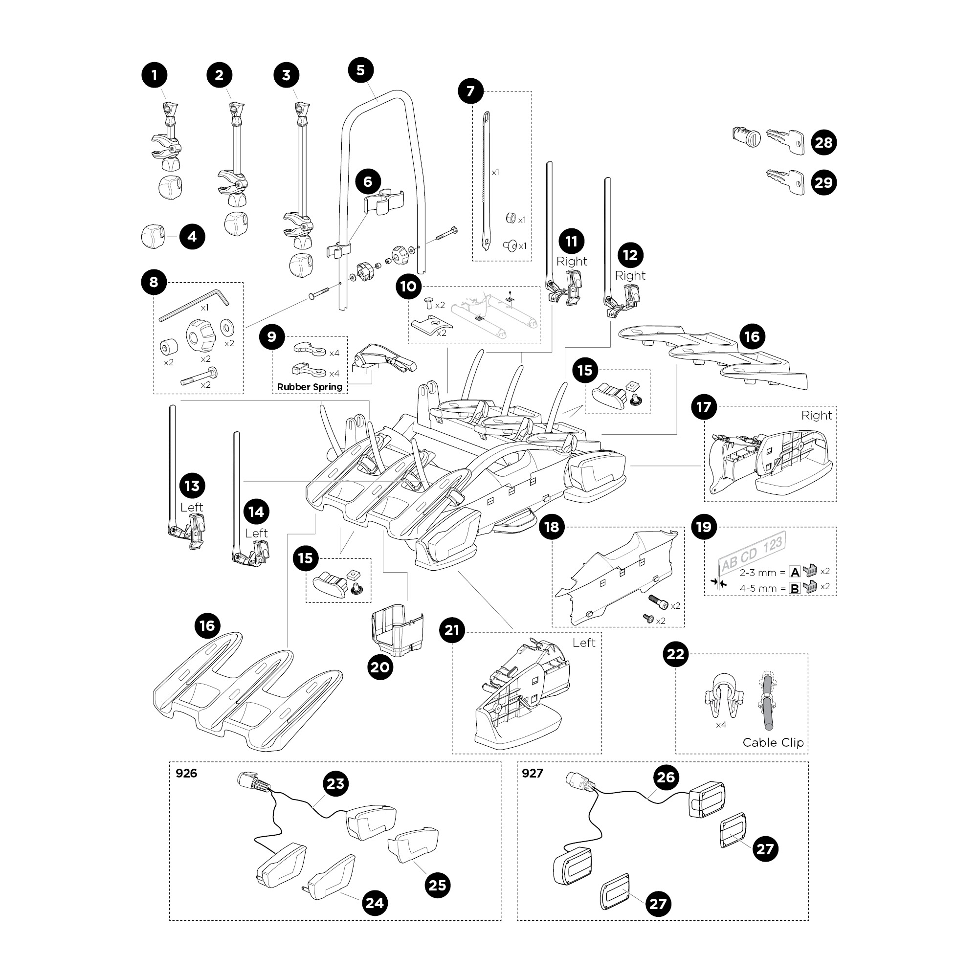Thule VeloCompact 927 kerékpártartó vonóhorogra bontott ábra Thule VeloCompact 927 kerékpártartó vonóhorogra bontott ábra